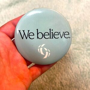 We Believe religious button pin brooch